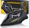 A product shot of a black steam iron with a box in the background advertising it as a 'Dampfbügeleisen'. Anteprima dell’immagine prodotto