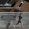 A split image showing a phone case with text highlighting its features, and a man running in the background. Produktbild-Vorschau