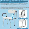 A shower chair with removable and adjustable armrests, with close-up views of the armrest mechanism before and after disassembly. Náhled obrázku produktu
