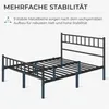 A black metal bed frame shown from a slightly elevated, diagonal angle, with a white background. Text overlays highlight its stability features. Podgląd zdjęcia produktu