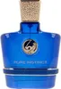 A product shot of a blue perfume bottle with a gold cap and emblem. Voir les images du produit