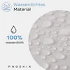 A close-up image of water droplets on a textured surface, with text overlays highlighting waterproof features and a brand logo. Produktbild-Vorschau