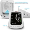 A Pulox BP-100 blood pressure monitor is shown with its battery compartment open and instructions for use. Produktbild-Vorschau