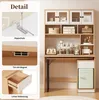 A collage of images showing details and the assembled product of a desk with a hutch and a mini-fridge. Náhled obrázku produktu