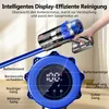 A hand holding a cordless vacuum cleaner with a digital display showing its status. Voir les images du produit