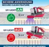 Two images showing a vacuum cleaner with UV light feature on a mattress, illustrating its use and safety features. Produktbild-Vorschau