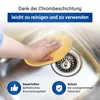 A hand is cleaning a sink with a sponge, with marketing text overlays. Produktbild-Vorschau