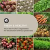 A collage of various fresh vegetables and herbs, with a central overlay promoting fresh and healthy produce without pesticides. Podgląd zdjęcia produktu