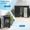 Collage showing two views of a dark gray metal garden shed with open doors, highlighting its double door design and side door. Produktbild-Vorschau