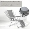 A gray outdoor chair with adjustable back and leg rests, shown in a studio setting with a white background and a gray overlay box containing text. Produktbild-Vorschau