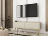 A modern living room with a TV mounted on the wall above a beige and gold TV stand. Produktbild-Vorschau