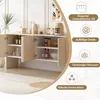 A beige and white sideboard cabinet with its doors open, displaying shelves with various items. The image is overlaid with marketing text and icons highlighting product features. Anteprima dell’immagine prodotto