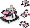 A baby is sitting in a pink race car-themed baby walker. The walker has black accents and wheels. There are also smaller images of the walker in the background. Náhled obrázku produktu