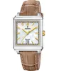 A square-faced women's watch with a mother-of-pearl dial, gold accents, and a brown leather strap, presented against a white background. Podgląd zdjęcia produktu