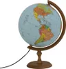 A lit globe on a wooden stand with a black cord. Podgląd zdjęcia produktu