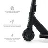Close-up of a black scooter wheel with descriptive text and icons on the left. Produktbild-Vorschau
