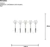 A set of five snowflake-shaped LED lights on stakes, with dimensions indicated. Podgląd zdjęcia produktu
