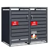 A two-compartment trash bin enclosure with red labels and a German flag emblem.