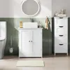 A clean and modern bathroom setting featuring a white vanity with a vessel sink, a toilet, a tall storage cabinet, and a round mirror. Produktbild-Vorschau