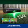 A vacuum cleaner head with a green LED light illuminating dust on the floor, with inset diagrams comparing light angles. Produktbild-Vorschau