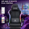 A black gaming chair with colorful LED lights, shown in a dimly lit room. Produktbild-Vorschau