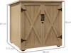 A wooden garden storage cabinet with double doors and a rustic design, shown with dimensions indicated. Náhľad obrázku produktu
