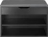 A close-up front view of a black shoe rack with a gray cushioned seat. Náhled obrázku produktu