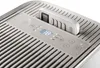 Close-up of a white and gray portable air conditioner control panel with a remote control inserted. Produktbild-Vorschau
