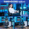 A woman sitting in a gaming chair with dimensions shown on other chairs. Voir les images du produit