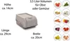 A product image showing a gray storage box with dimensions and various fruits and vegetables in circular frames. Voir les images du produit