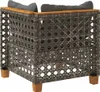 A corner piece of an outdoor sofa made of grey poly rattan with wooden legs and grey cushions. Produktbild-Vorschau