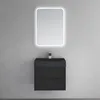 A modern black vanity unit with a grey basin and a lighted mirror above, mounted on a grey wall. Produktbild-Vorschau