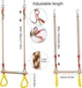 Diagrams showing the adjustable length and dimensions of a wooden swing with yellow rings. Produktbild-Vorschau