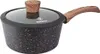 A black saucepan with white speckles and a wooden handle and lid knob, shown against a white background. Produktbild-Vorschau
