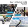 Collage of four images showing a sport camera mount being used in different scenarios: life fitness, pets, riding, and fishing. Produktbild-Vorschau