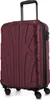 A burgundy suitcase with four wheels and a retractable handle.
