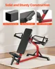A red and black weight training bench with three inset images highlighting its construction features. Produktbild-Vorschau