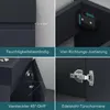 A collage of four close-up images showcasing features of a bathroom cabinet. Produktbild-Vorschau