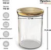 A clear glass jar with a gold lid, shown with dimensions and feature icons. Voir les images du produit