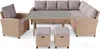 A polyrattan garden furniture set with a sectional sofa, coffee table, armchair, and two ottomans, displayed on a white background. Náhľad obrázku produktu