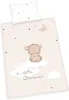 A baby bedding set with a pillow and duvet cover featuring a teddy bear on clouds and stars. Produktbild-Vorschau