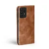 A brown flip cover case for a Samsung Galaxy A72 phone, shown from the side with the camera module visible. Produktbild-Vorschau