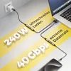 A USB-C adapter cable is shown connecting a power adapter to a laptop and a smartphone, illustrating fast charging and data transfer capabilities. Produktbild-Vorschau