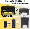 Comparison of two different sized folding wagons, one larger (150L) and one smaller (80L), with a comparison of their folded sizes. Voir les images du produit