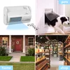 A collage of four images showing a motion sensor, a dog using a pet door, a house entrance, and a shop interior. Produktbild-Vorschau
