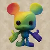 A rainbow-colored Mickey Mouse Funko Pop! figure is shown against a textured beige background. Produktbild-Vorschau