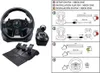An image showing a gaming steering wheel, pedals, and gear shifter set, alongside an instructional diagram for setup on PS4 and Xbox One consoles. Náhľad obrázku produktu