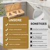 A bamboo rice ball mold and a white plastic container are shown on a kitchen counter. The image includes marketing text highlighting product features and comparing it to alternatives. Produktbild-Vorschau