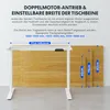 A white adjustable desk frame with wooden tabletops of different sizes shown behind it, illustrating width compatibility. Text overlays describe features. Anteprima dell’immagine prodotto