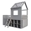 A gray wooden house-shaped bed frame with built-in shelving and a ladder, set against a white background. Voir les images du produit